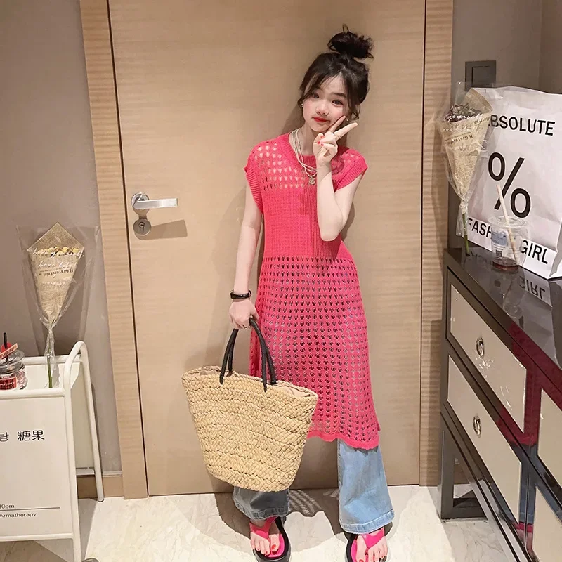 

Girls Knitted Vest Dress Casual Long Hollowed Out Sundress for Kids Summer 2024 Fashion All-match Children Costumes 8 10 Years