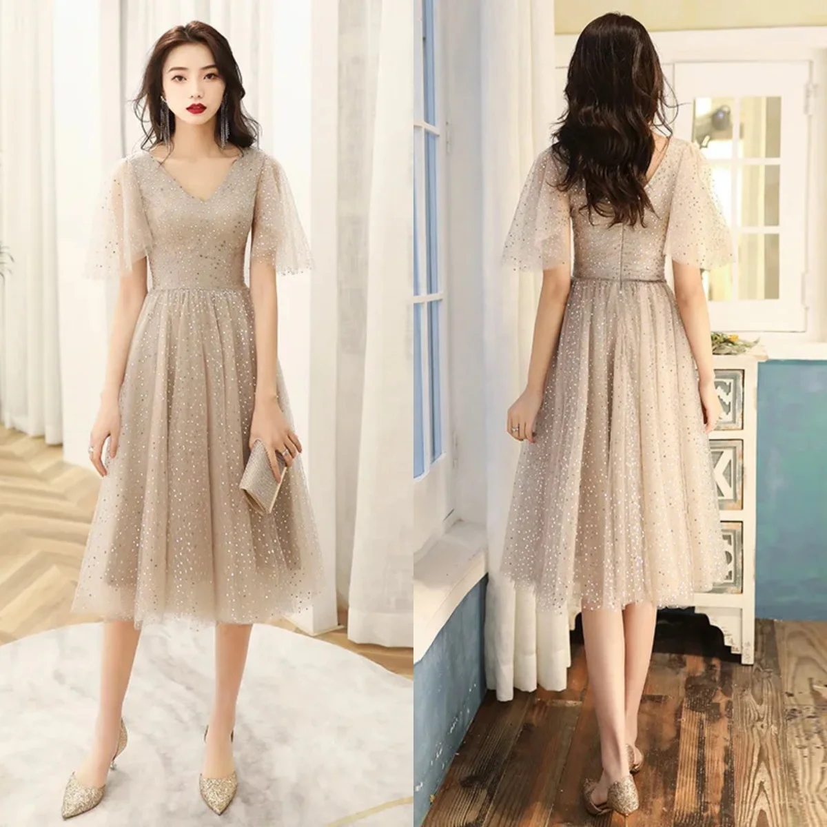 

Prom Gowns Khaki Sequins Tulle V-neck Short Sleeves Zipper A-line Tea-length Customization Plus size Women Party Formal Dresses