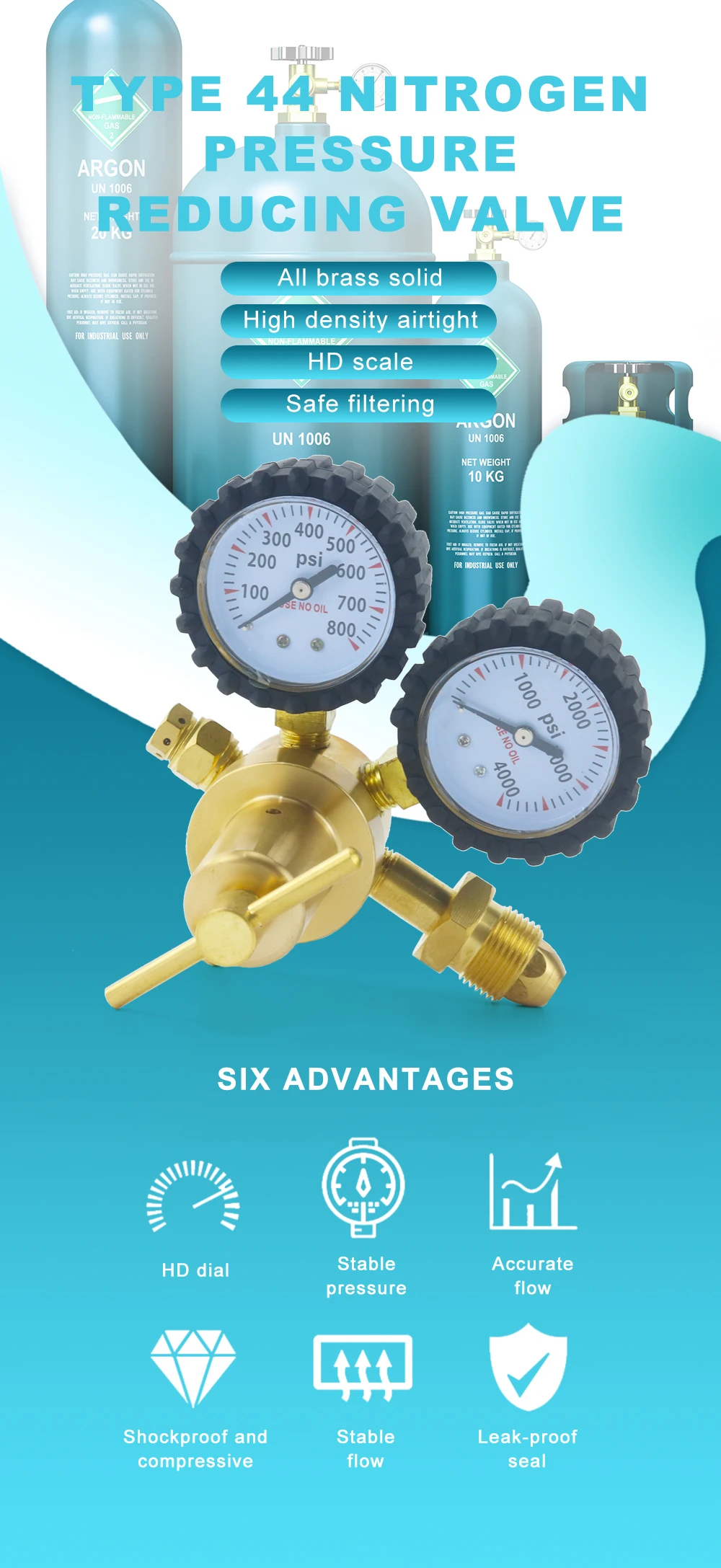 Description Picture 2 of item1/4" Brass Nitrogen Regulator 0-600PSI Gas Pressure Reducing Valve Connection Gauges CGA580