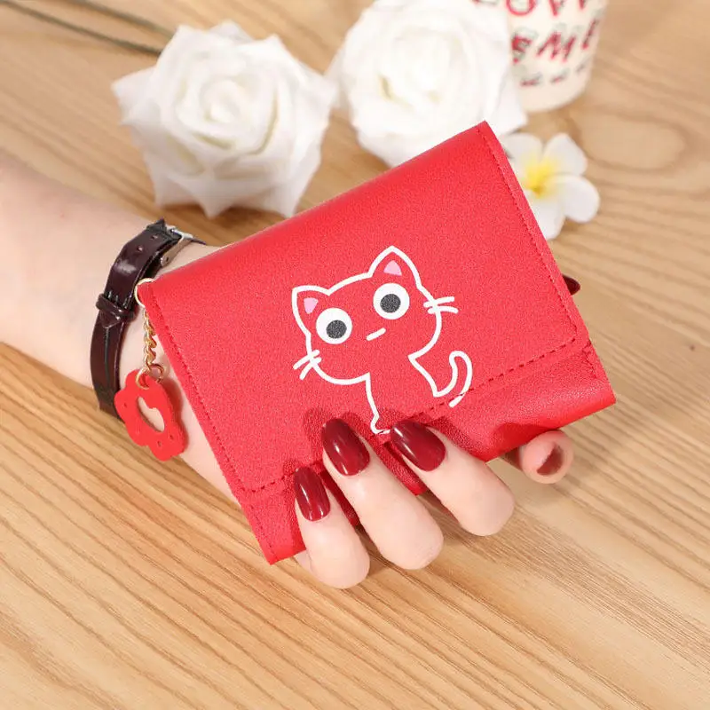Women Wallet 1PC Cartoon Cat Print Women's Short Coin Wallet PU Three Fold Card Bag Portable Multi Card Slot Travel Wallet for Birthday Gifts