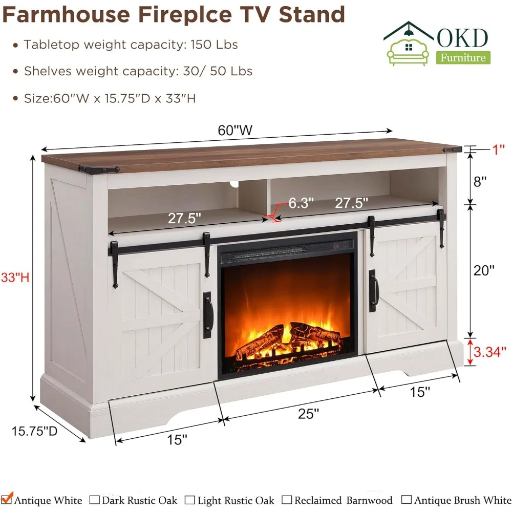 Fireplace TV Stand for 65+ Inch TV, 33" Tall Highboy Farmhouse Entertainment Center w/ 23'' Electric Fireplace, Rustic Media 6