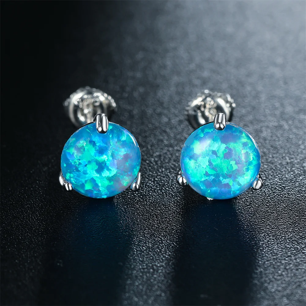 Trendy 3 Claw Round Stone Screw Back Earring Blue Opal Small Stud Earrings For Women Classic Silver Color Wedding Jewelry Gifts