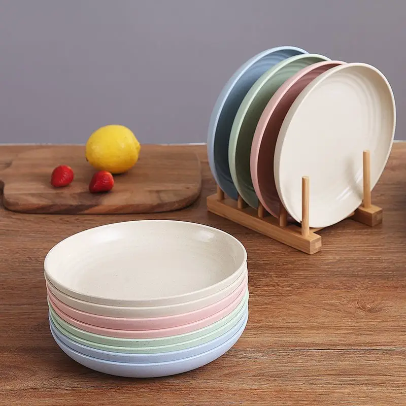 Set(8pcs) Nordic Color 23CM Large Round Plate Home Shatter Resistant Wheat Straw Plate Microwave Oven Tableware