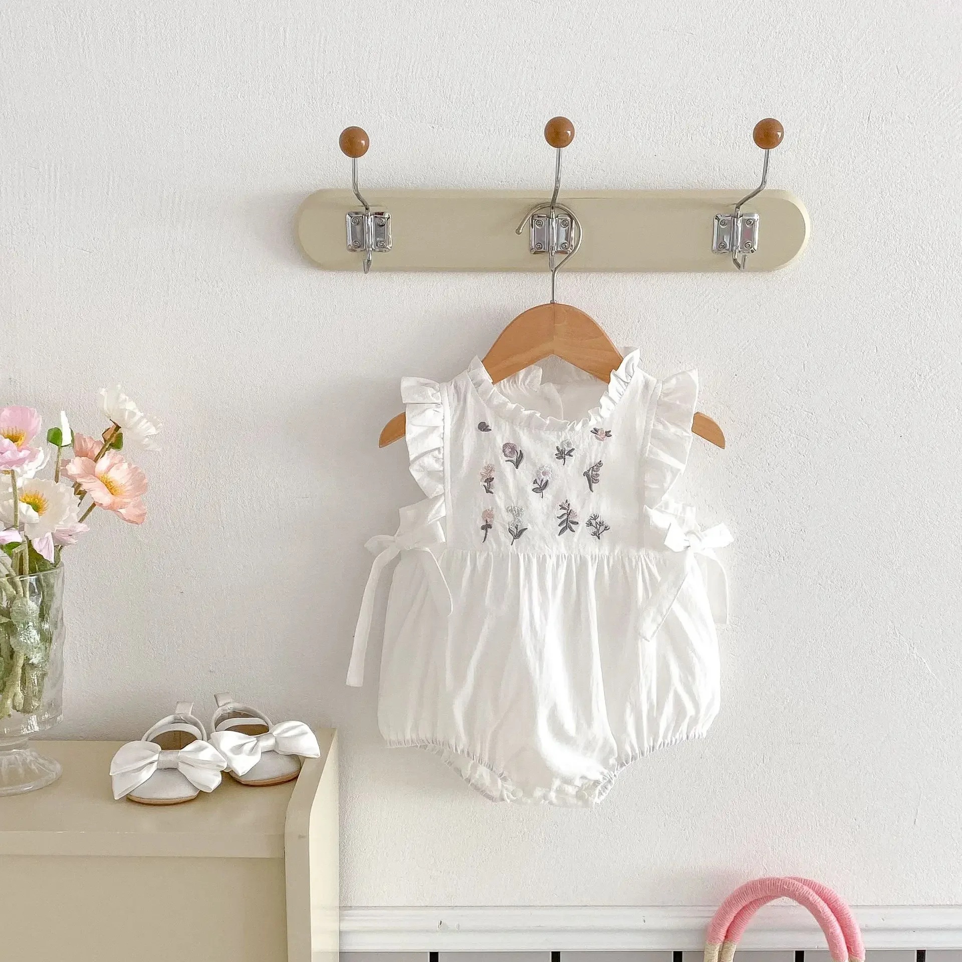 Baby Girl Summer Embroidered Floral Side Waist Butterfly Knot Infant Toddler Romper Sleeveless Thin Cotton Crawling Suit