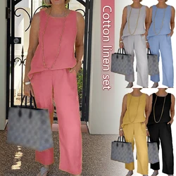 Sleeveless Cotton Linen Women's Tracksuit Suit O-Neck Vest Wide-Leg Loose Pants Set Casual Elegant Ladies 2 Piece Solid Set