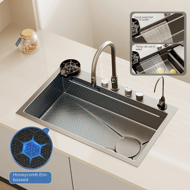 Waterfall Digital Display Kitchen Sink, Honeycomb Embossed Sink, Large Single Slot, Nano 304 Stainless Steel