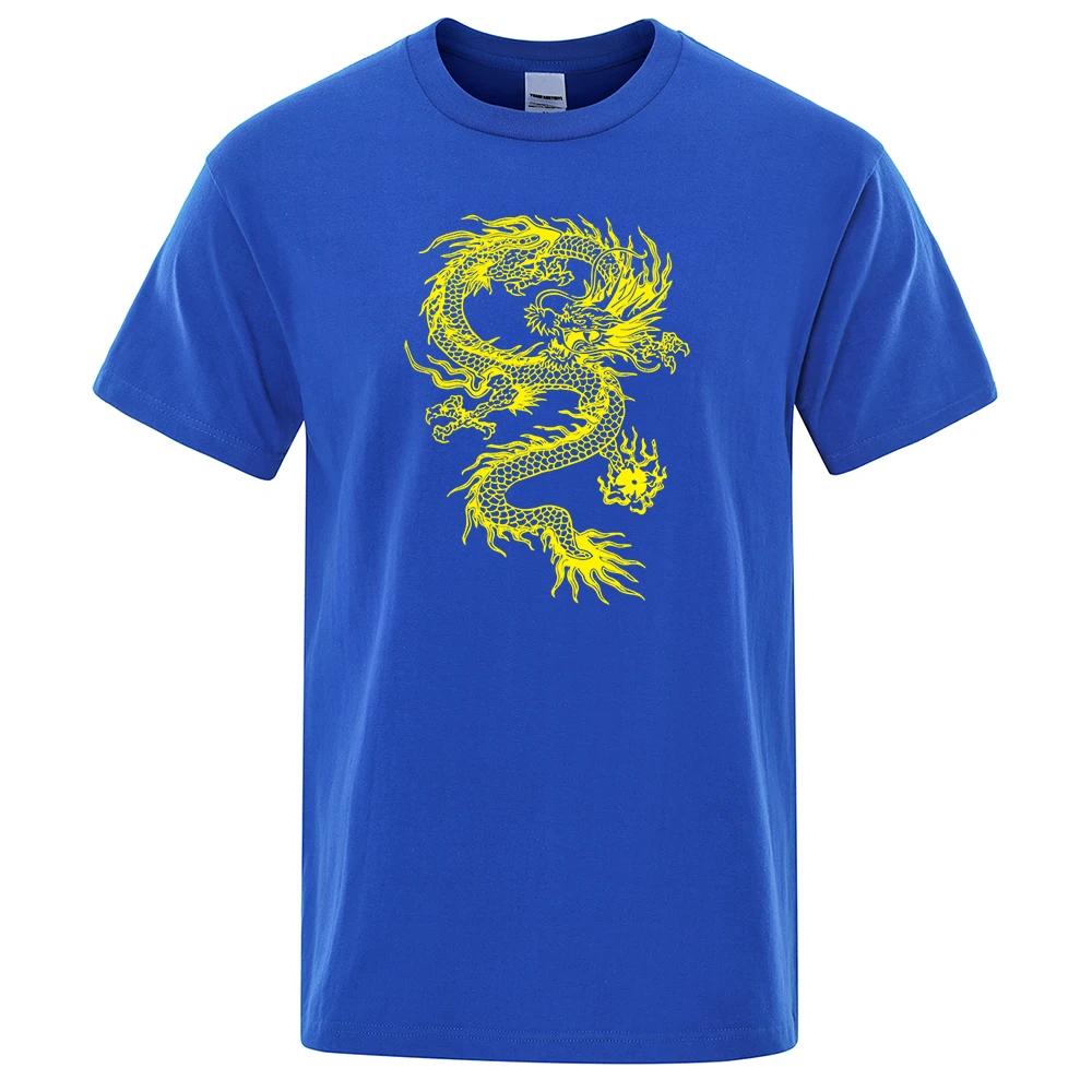 Chinese Style Yellow Dragon Printing Mens Loose T-Shirt Cotton Brand Oversized Streetwear Breathable Sweat Tshirt_voghion.com