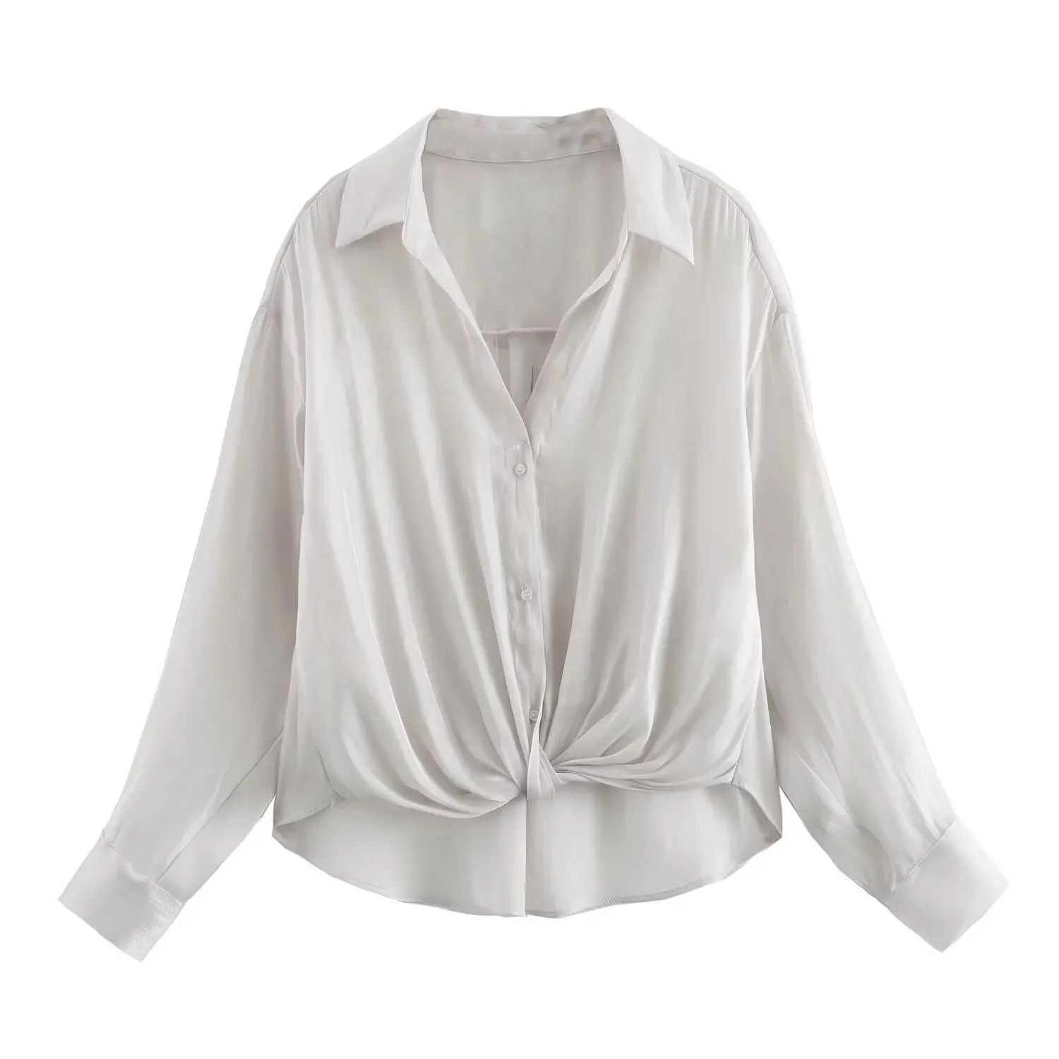 

Women's new fashion knot decoration casual satin texture pleated shirt retro long sleeved Button up women's shirt chic top