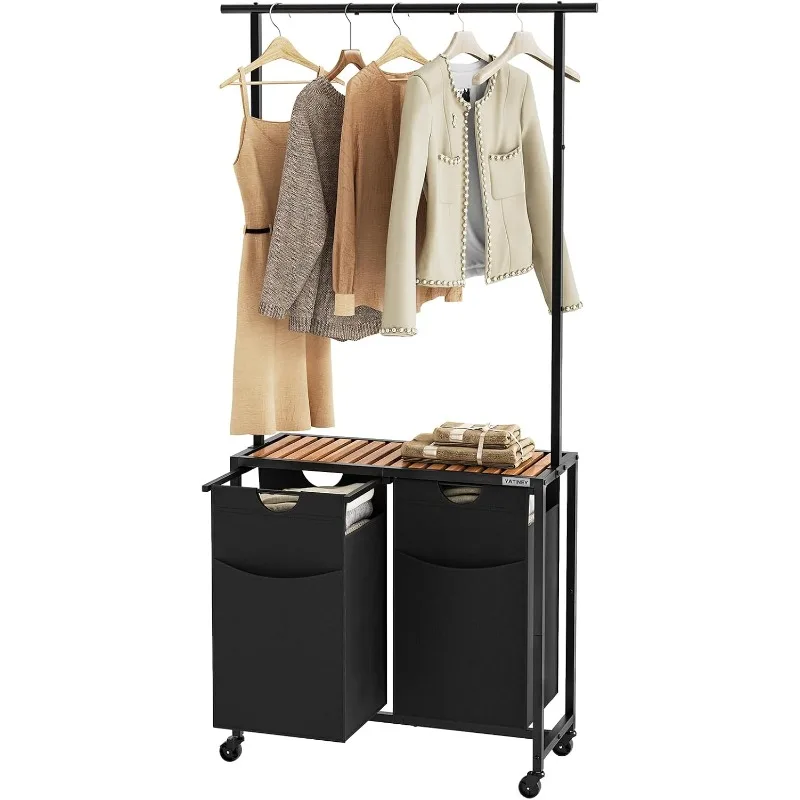 Laundry Sorter, Laundry Hamper with Hanging Rack, Sorter 2 Section, Basket with Wheels, Hampers for