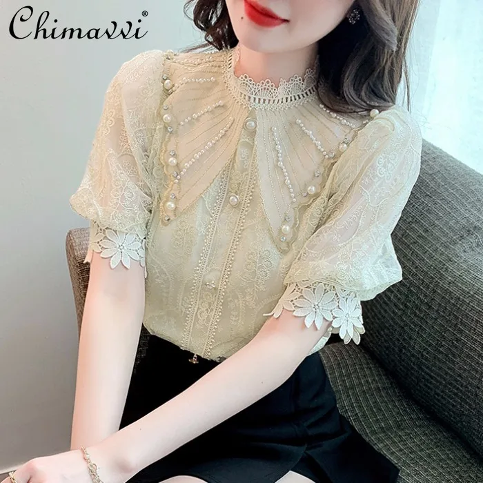

Women's Lace Shirt 2022 Summer New Korean Fashion Design Short-Sleeved Chiffon Top Slim Temperament Beaded Ladies Blouse