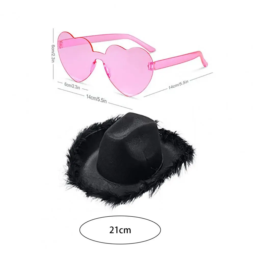 3Pcs/Set Cowgirl Hat Set Faux Feather Edge Wide Brimmed Hat Headscarf Glasses Set Cashew Nut Print Headscarf Heart Glasses