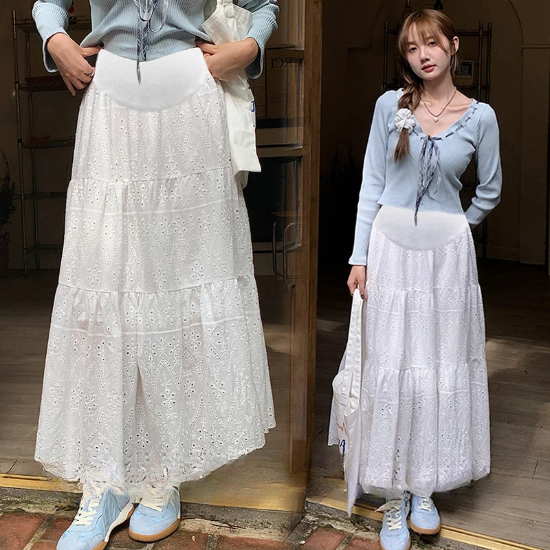 Korean Style Good Quality Maternity Belly Skirts Sweet Pregnant Woman A-line Skirts White Pregnancy Lace Umbrella Skirt