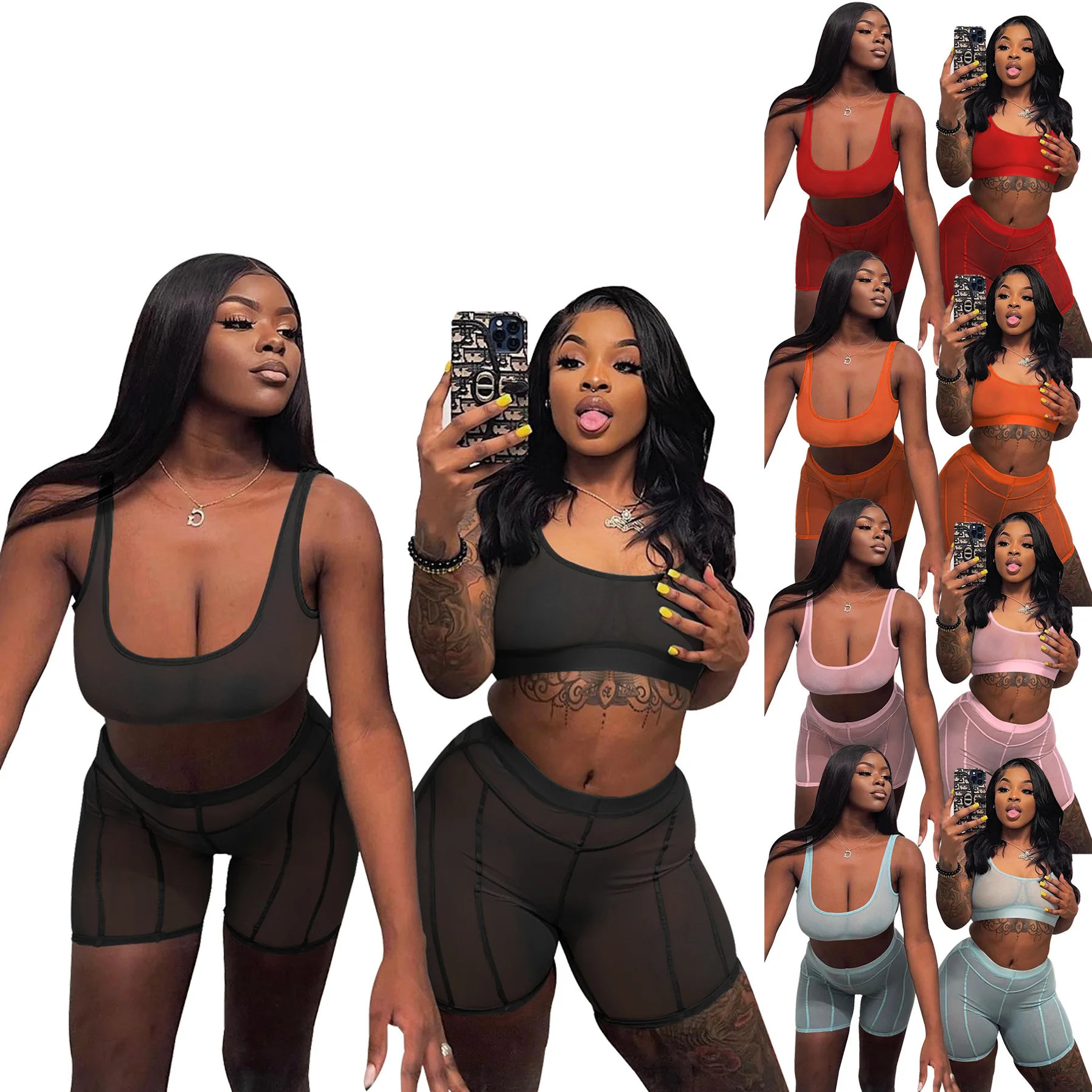 

Sexy See Through Women 2 Piece Set Solid Sleeveless Crop Tank Top Skinny Biker Shorts Matching Set 2023 Summer Sexy Party Wear