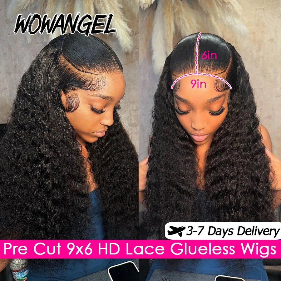 

Wow Angel Pre Cut HD Lace Closure Wigs Water Wave 9x6 Glueless Human Hair Wigs Ready To Wear Curly Wigs Pre Plucked For Women