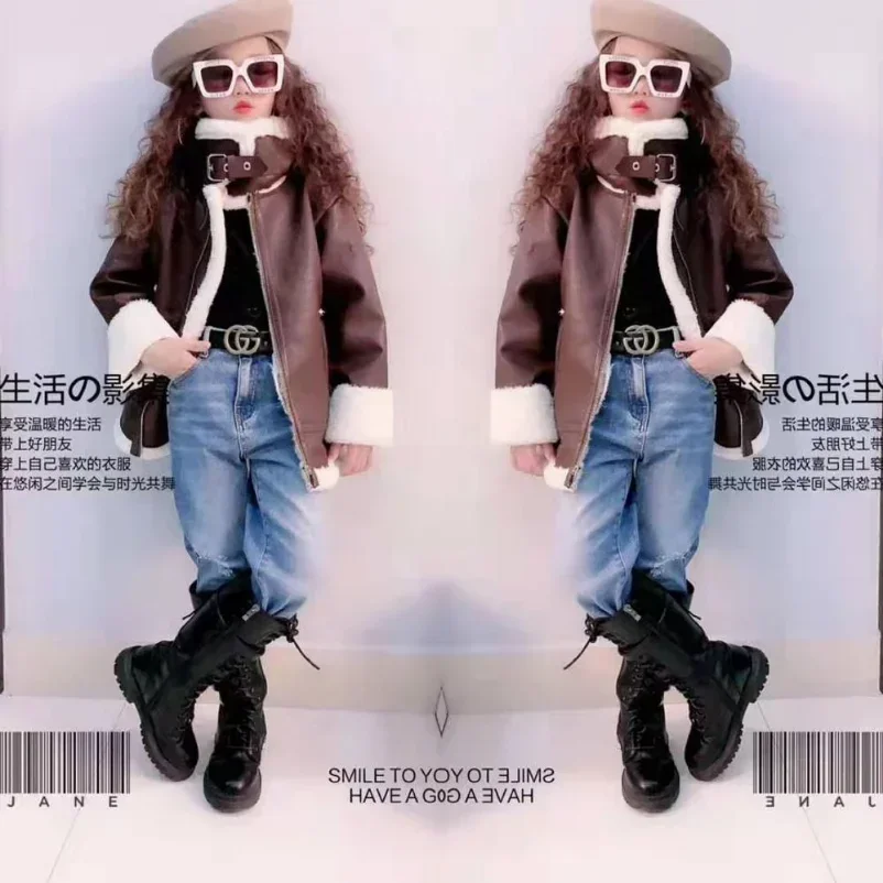 الفتيات سترة جلدية دراجة نارية الاطفال معاطف الصوف...