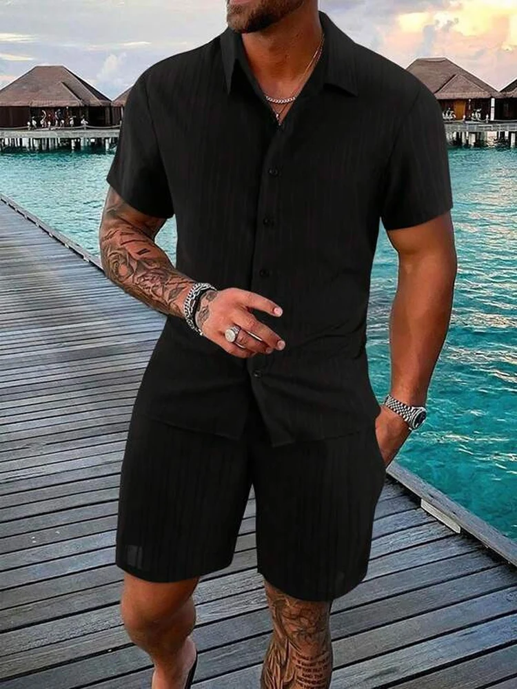 Mens Summer Short Sleeve Button Shirt and Wide Leg Shorts Set