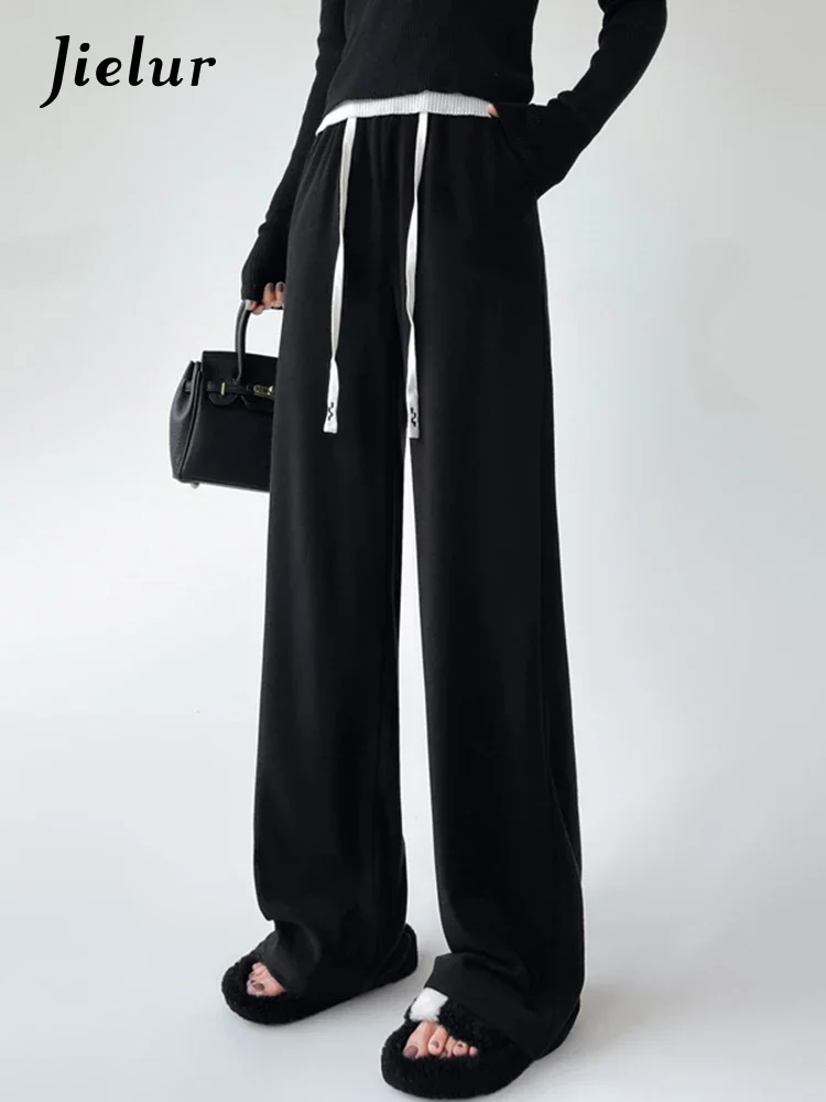 Jielur Black High Waist Drawstring Female Wide Leg Pants Solid Color Simple Fashion Casual Office Lady Loose Chic Women Trousers fashion gothic high waist jeans women chic side hit color wide leg denim pants female harajuku y2k streetwear straight trousers