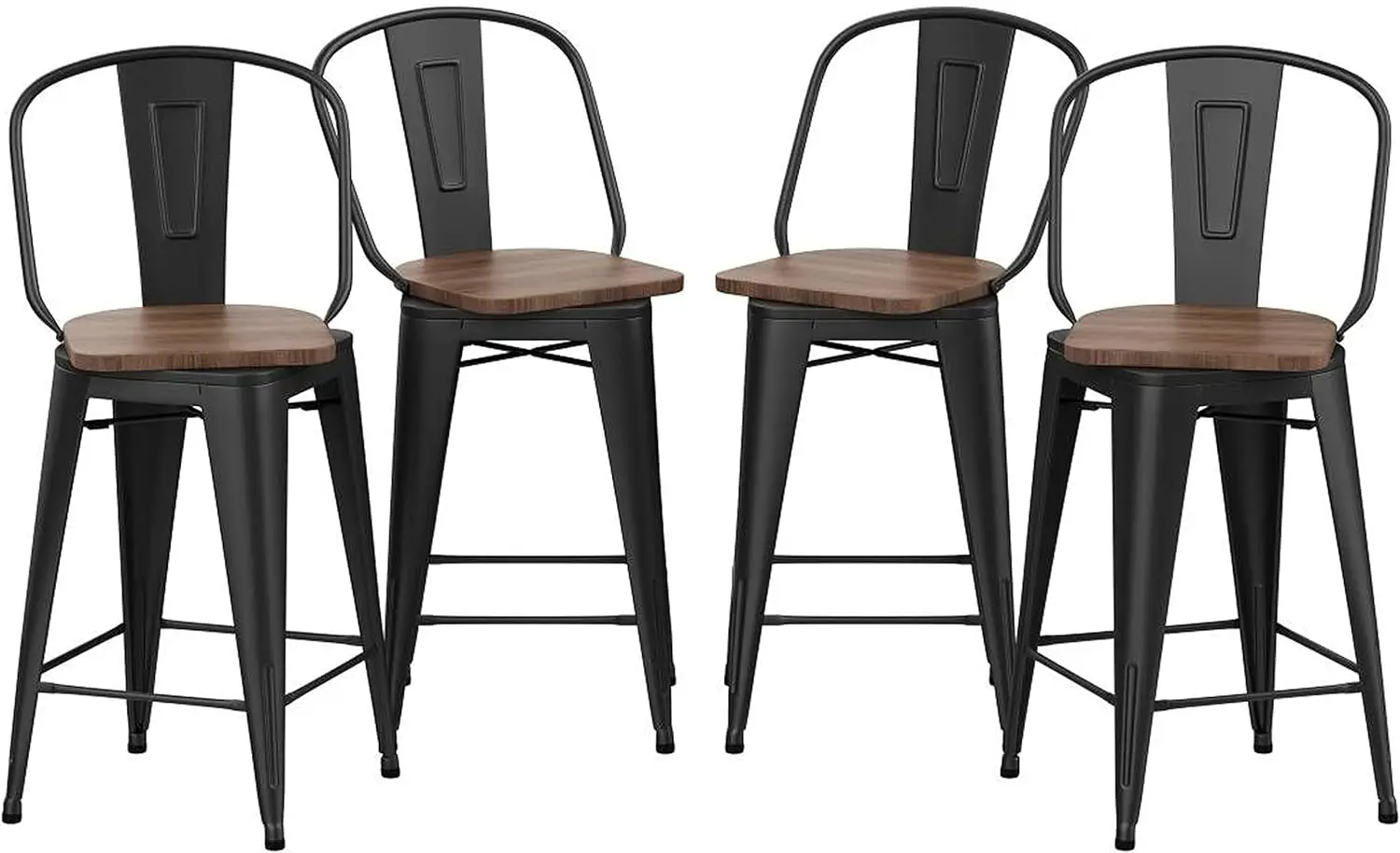 

Поворотные металлические барные стулья, кухонная барная стойка, барные стулья с высокой спинкой, набор из 4 штук (матовый черный деревянный, поворотный 26 дюймов)