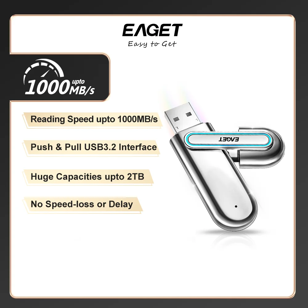

Флеш-накопитель EAGET 1000 Мб/с, USB Gen 2 3S