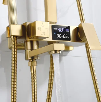 ZAPPO Brushed Gold ก๊อกน้ําห้องน้ําดิจิตอลจอแสดงผล 4 วิธีระบบหมุนได้ Spout ก๊อกน้ําอาบน้ําชุด 2