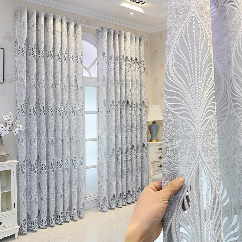 

Gray Simple Modern Leaf Gauze Curtains for Living Dining Room Bedroom Translucent Opaque Semi-blinds
