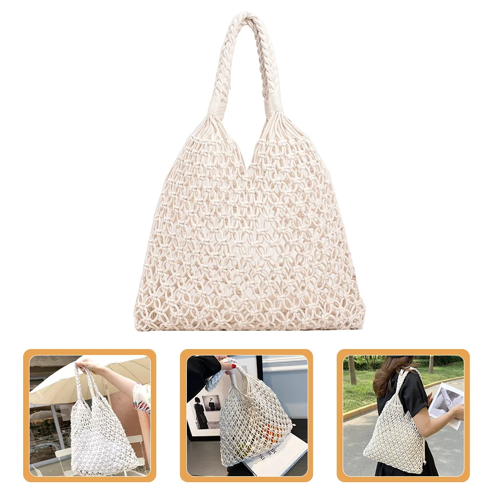 

Grid Beach Bag Crochet Tote Summer Handbag Aesthetic Bags Straw Trendy Woven Cotton White Miss