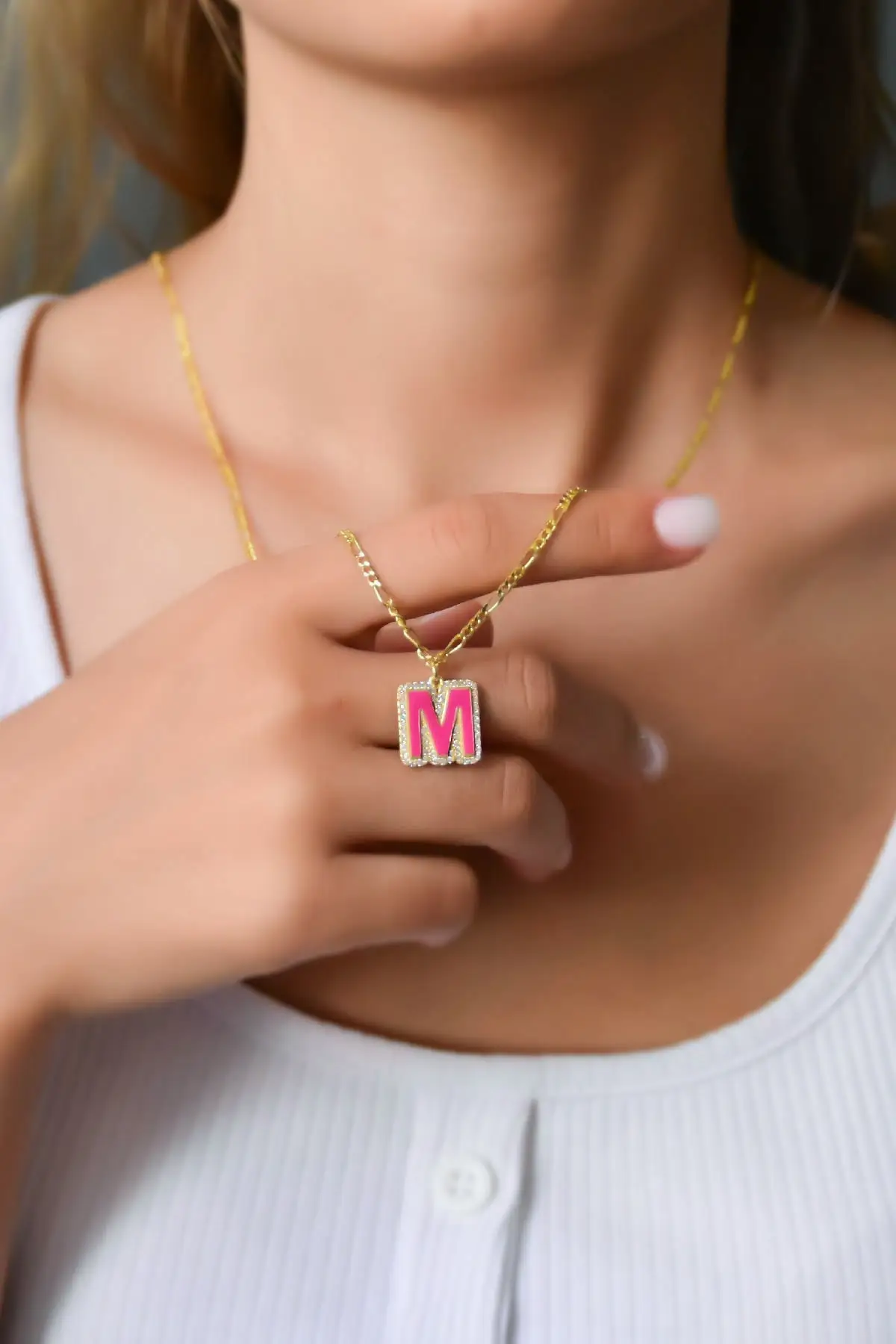 

Women's Gold Plated Pink Enamel M Letter Figaro Chain 925 Sterling Silver Necklace