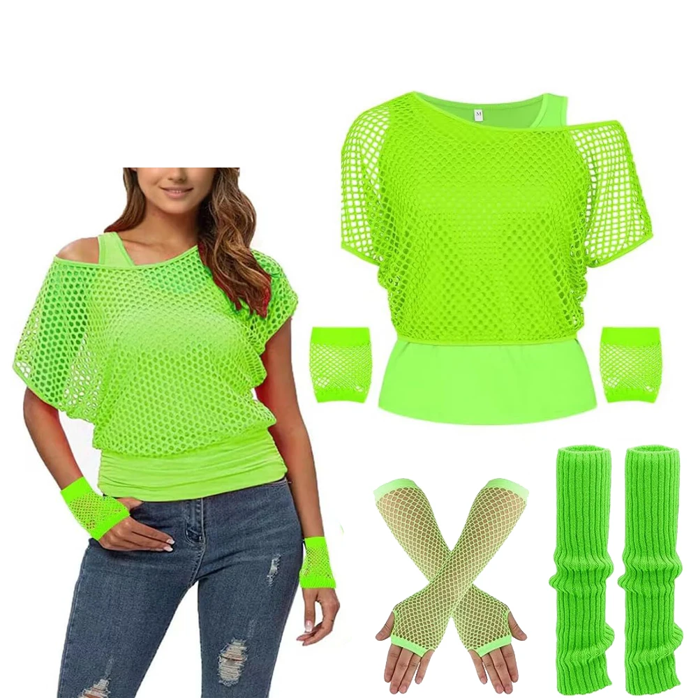 Atuendo de los años 80 para mujer, disfraz de fiesta de los años 80, conjunto de guantes y camiseta de malla de neón retro para mujer, accesorios elegantes para disfraces de fiesta de los años 80
