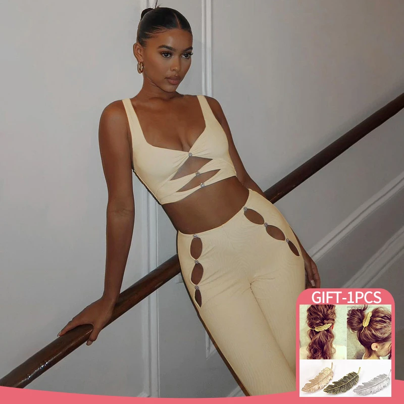 2022 Summer Y2K Cut Out Pants Sets 2 Piece Sexy Halter Top And High Waist Pant Fashion Club Streetwear Halter |