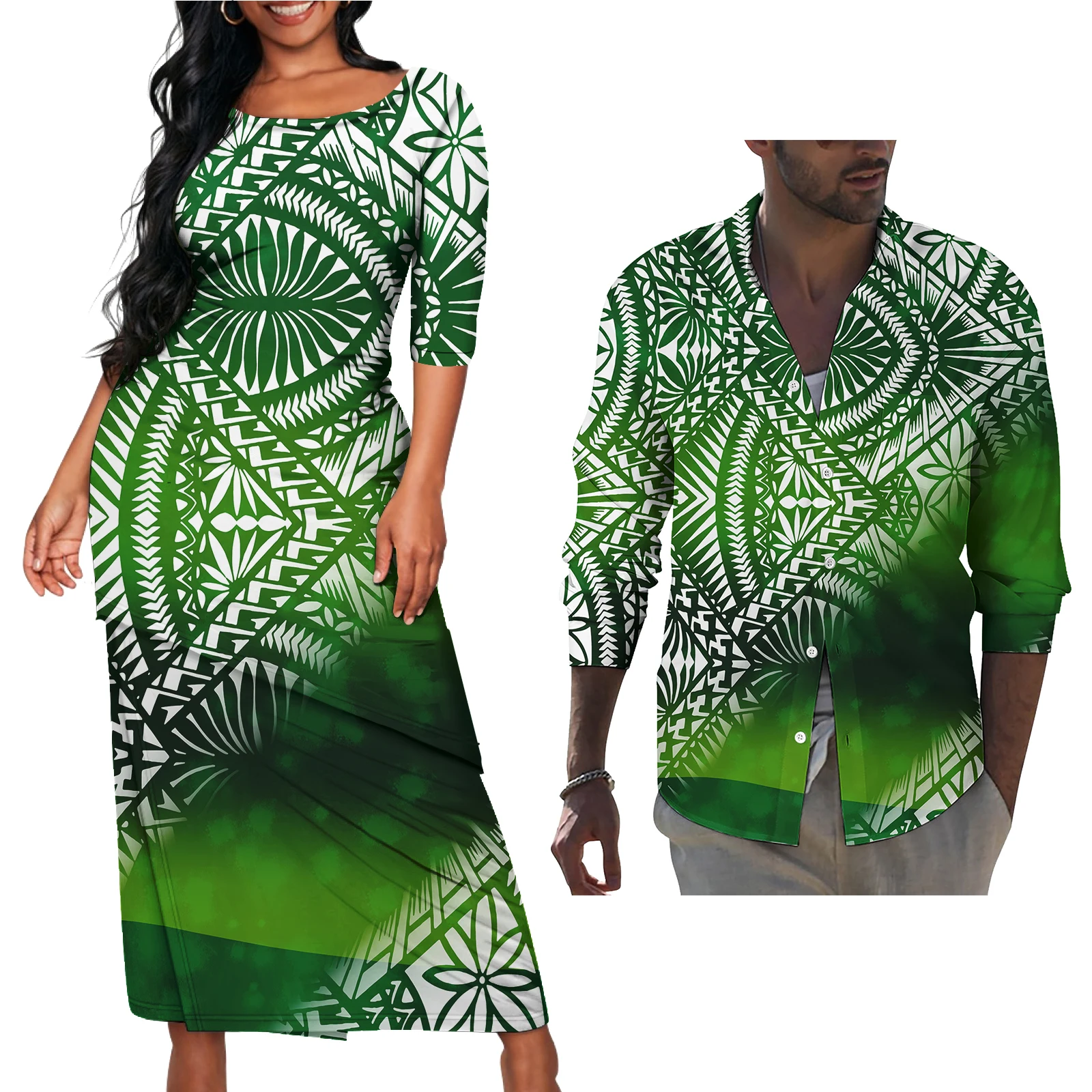 MORNWORLD Polynesian One-Shoulder Dress & Hawaiian Shirt Set - Island Style Tribal Print, Blue