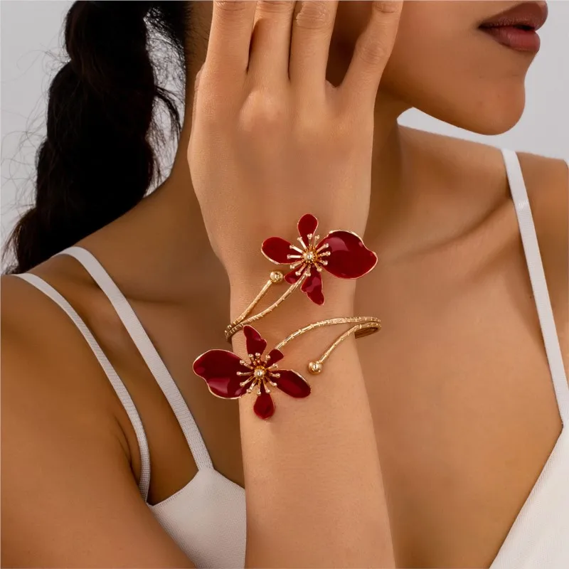 1pc Elegant & Sexy Floral Open Cuff Armlet for Women Vintage Enamel Glaze Craft Flower Open Arm Ring Jewelry Gift
