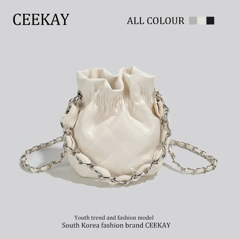 Ceekay 여자 미니 실버 체인 버킷 백 높은 감각 작은 가방 여성 2023 여름 새로운 메신저 가방
