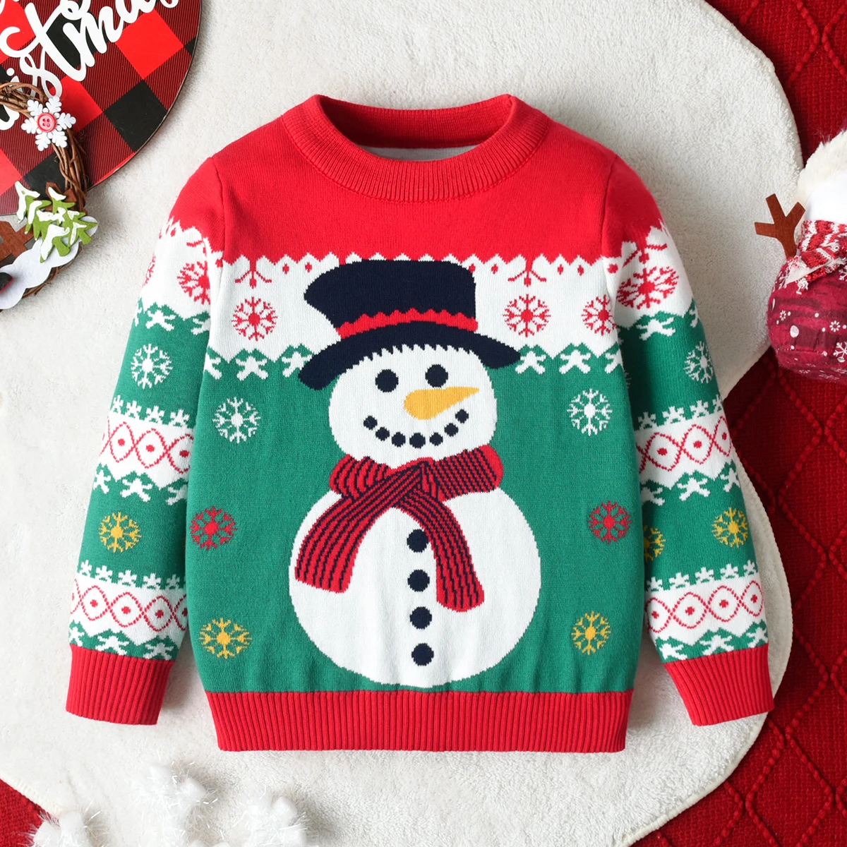 Boys and girls Christmas snowman sweater long sleeved pullover suitable for parties, daily life, spring, autumn, winter - Image 3