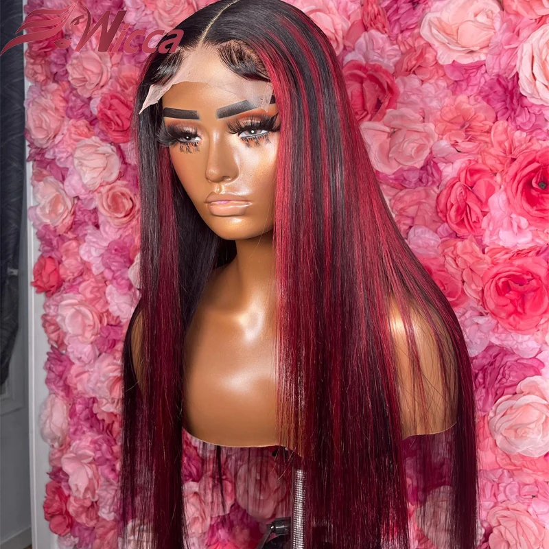 

Red Highlight Transparent Lace Front Human Hair Wigs For Women Straight Colored Red And Black Brazilian Remy 13X4 Lace Front Wig