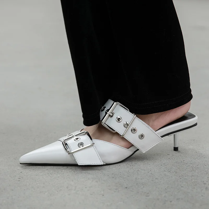 

2022 New European and American Baotou Metal Punk High-heeled Large-size Slippers Fashion Belt Buckle Pointed Women's Shoes