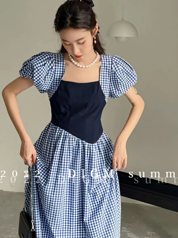 

HOUZHOU элегантное винтажное клетчатое длинное платье для женщин квадратный воротник пышные рукава пэчворк летние платья в стиле Хай-стрит корейская мода