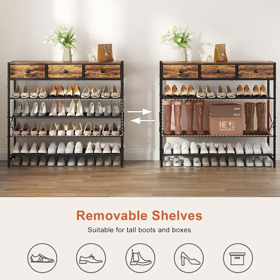 Shoe Rack 5 Tier Shoe Organizer with 3 Drawers Metal Shoe Storage for 2430 Pairs of Shoes with Fabric Shelves and Wooden Top Na