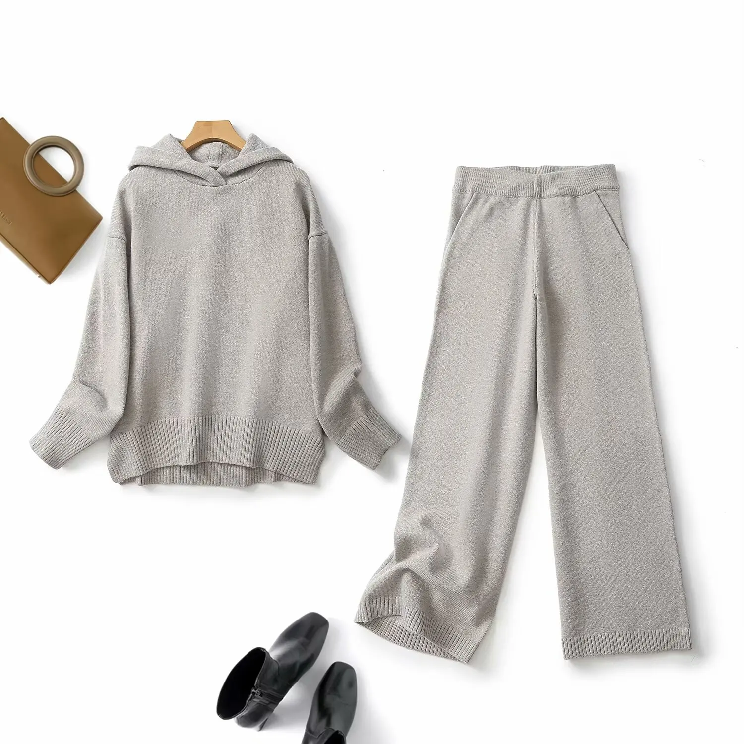 

Women 2023 Autumn New Fashionable All-match Hooded Long-sleeved Knit Shirt Chic Split Top Staggy Waist Wide Leg Pants Set Mujer