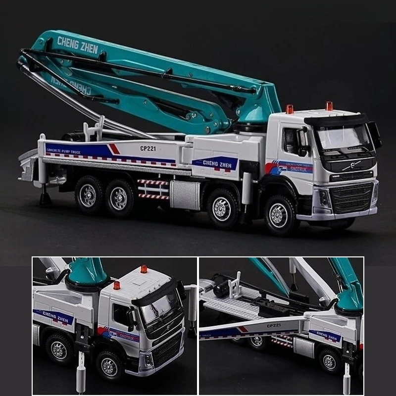 1/50 Volvo Concrete Pump Truck Toy Car Diecast Meatl Vehicle Model Pull Back Sound & Light Miniature Collection Gift For Boy Kid