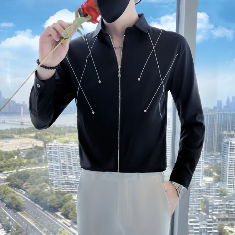 

2022 Autumn Zipped Lapel Shirts for Men Fashion Slim Fit Camisa Masculina Long Sleeve Casual Business Dress Shirts Social Blouse