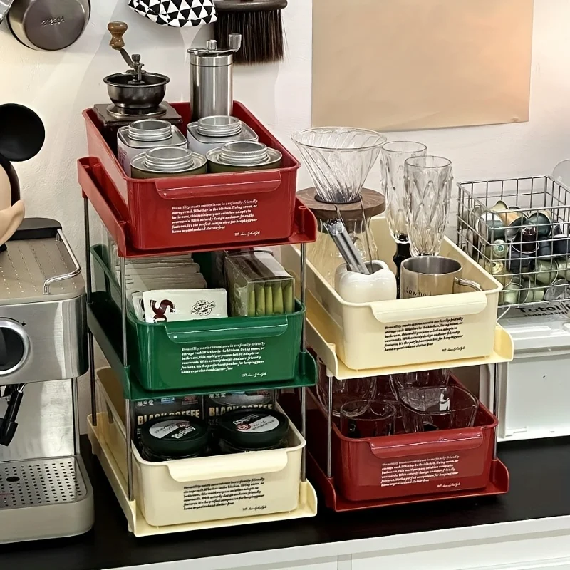 Multifunctional Coffee Tea Bag Storage Organizing Box-2/3Layer Corner Desktop Rack with Drawer
