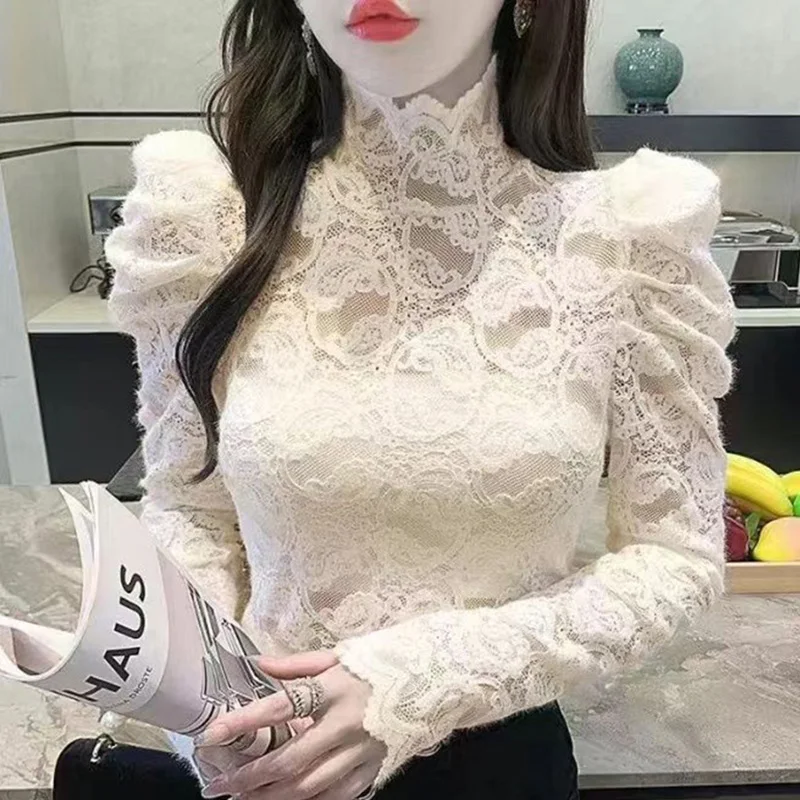 Elegant Turtleneck Folds Ruffles Hollow Out Lace Blouse Women Clothing 2023 Autumn New Casual Pullovers Puff Sleeve Korean Shirt