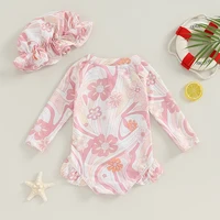 Toddler Infant Baby Girl Swimsuit Long Sleeve Rash Guard  Floral Zipper Bathing Suit Ruffled Beach Wear 2