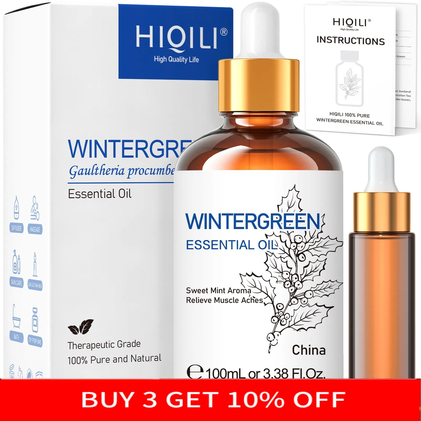 HIQILI 100ML Wintergreen Rose Jasmine Mint  Clove Essential Oils for Skin Care Diffuser Humidifier Massage Candle Soap Making hiqili 100ml ylang ylang essential oils for diffuser humidifier massage aromatherapy aromatic oil for candle soap making