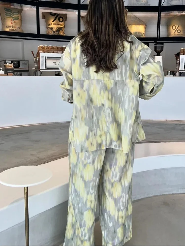ZABA Women's Tie-Dye Printed Set Lapel Shirt Asymmetric Button Long Sleeve Shirt and Casual High-Waisted Loose Wide-Leg Trousers