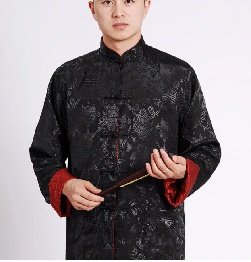 Chinese Traditional Men Double Faced Kung Fu Jacket High Quality Satin Tang Suit Coat Long Sleeve Hanfu Clothing