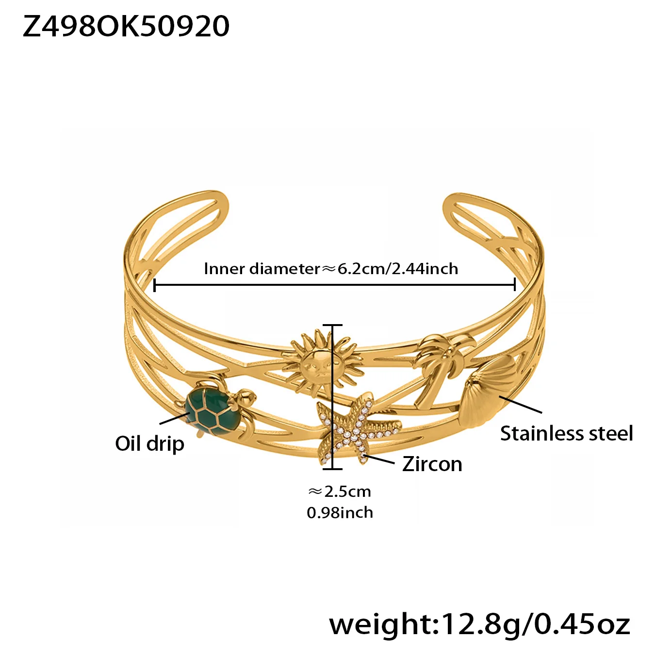 Mehrschichtiger, glänzender Zirkon-Edelstahl-Vergoldeter Manschettenarmreif für Damen, rot, grün, Emaille, Käfer, Schildkröte, Seestern, Blumenarmband – Detail 2