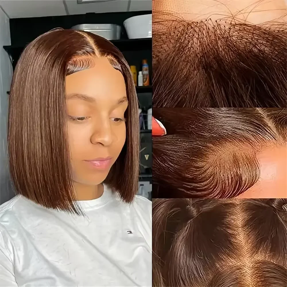 13x4 Bob Frontal Lace Wig Human Hair #4 Chocolate Fall Brown Bone Straight Raw Vietnamese 220 Density Human Hair Wigs 4