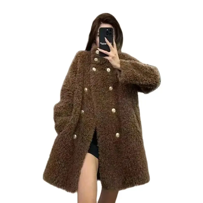 Black Lamb Wool Coat 2024 Autumn/Winter New Popular and Popular Maillard Small Fragrance Style High Grade Fashion Mid length Top