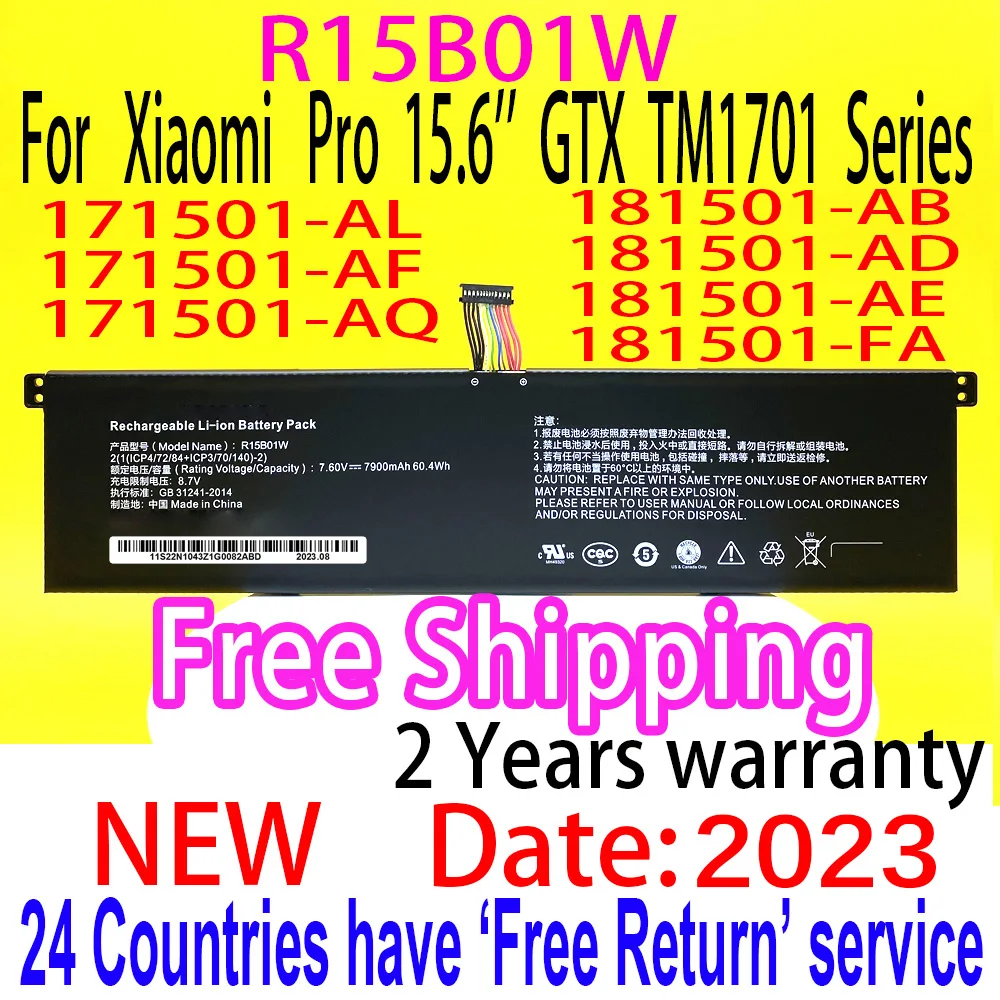Dodomorn Nova Bateria R15b01w para Xiaomi Pro 15.6 Gtx Tm1701 Série Notebook Portátil 7.6v 7900mah 60.04wh mi Pro Tm1707 Series